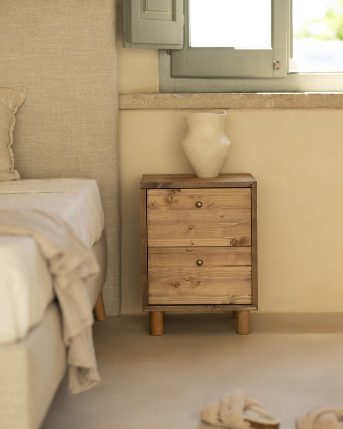 Deco Wood Mesita De Noche De Madera Maciza Con Dos Cajónes En Tono Roble Oscuro De 50 5x37 5cm