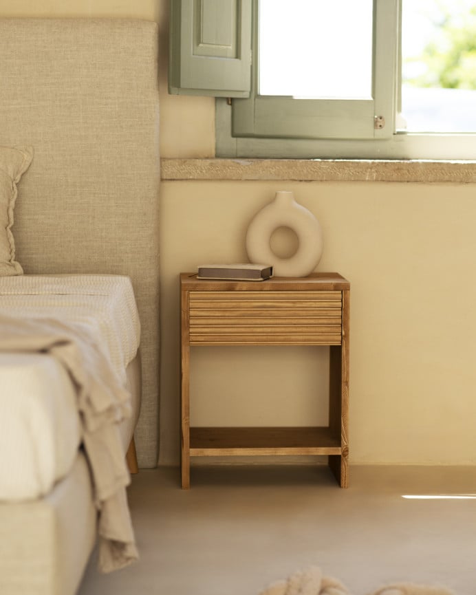 Deco Wood Mesita De Noche De Madera Maciza Con Un Cajón En Tono Roble Medio De 40x40cm