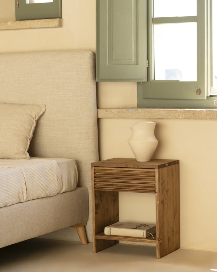 Deco Wood Mesita De Noche De Madera Maciza Con Un Cajón En Tono Roble Oscuro De 40x40cm