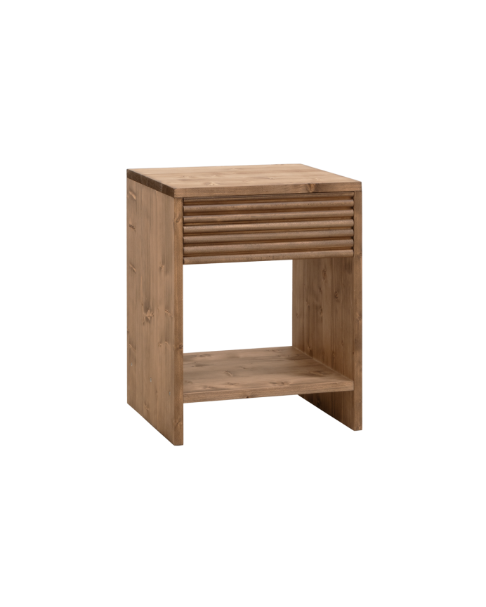 Deco wood Mesita de noche de madera maciza con un cajón en tono roble oscuro de 40x40cm
