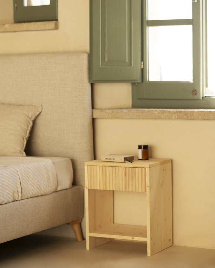 Deco Wood Mesita De Noche De Madera Maciza Con Un Cajón En Tono Natural De 40x40cm