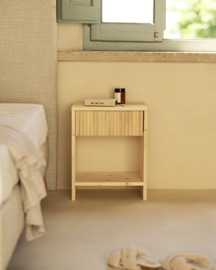 Deco Wood Mesita De Noche De Madera Maciza Con Un Cajón En Tono Natural De 40x40cm
