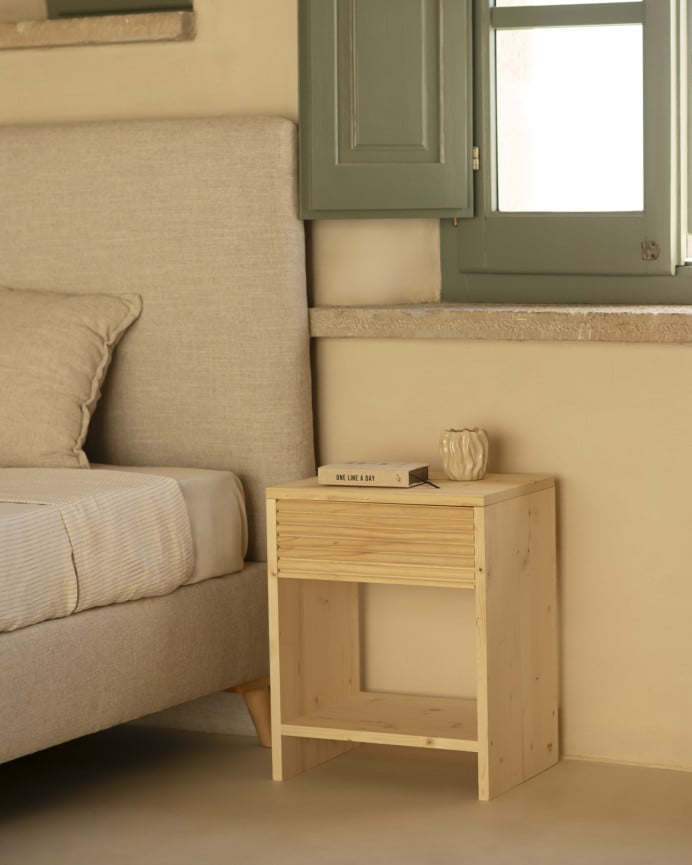 Deco Wood Mesita De Noche De Madera Maciza Con Un Cajón En Tono Natural De 40x40cm