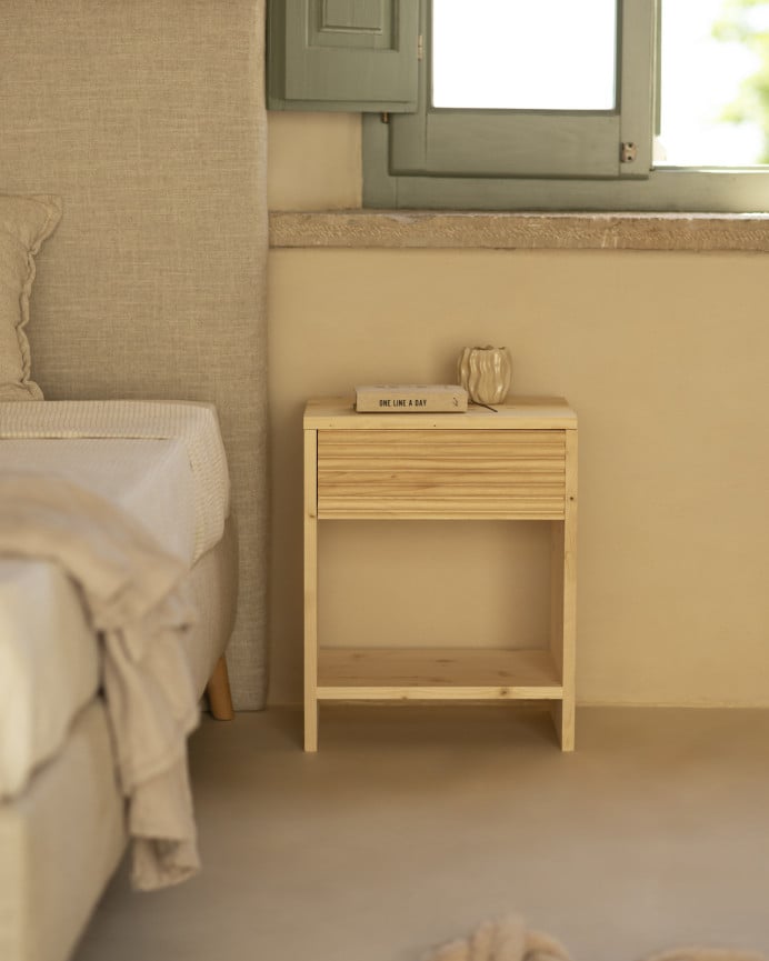 Deco Wood Mesita De Noche De Madera Maciza Con Un Cajón En Tono Natural De 40x40cm