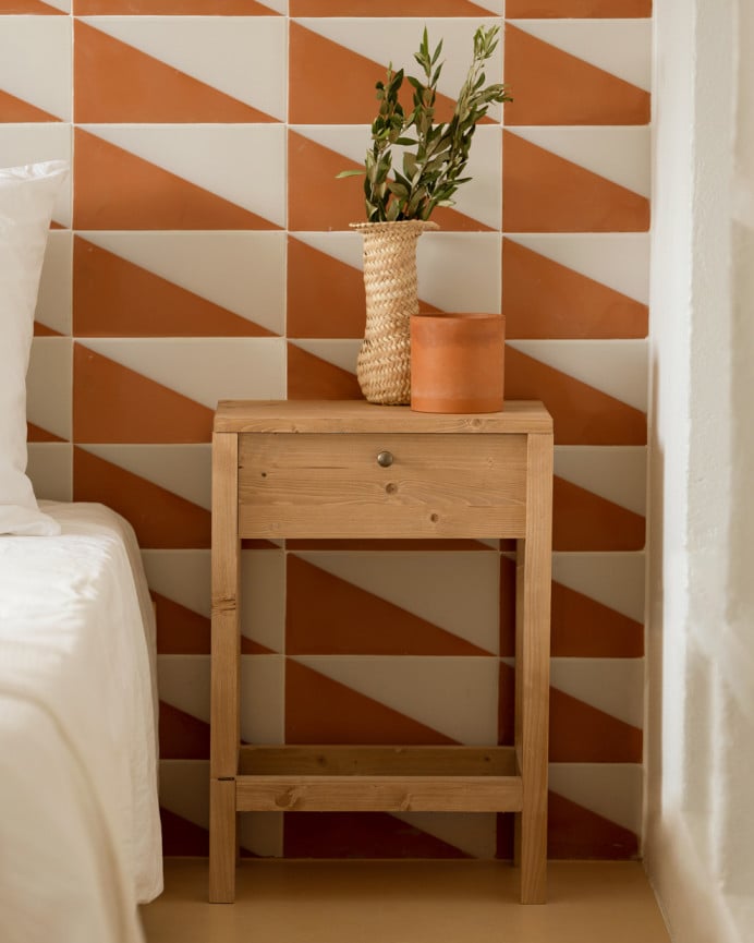 Deco Wood Mesita De Noche De Madera Maciza Con Un Cajón En Tono Roble Medio De 61x42cm