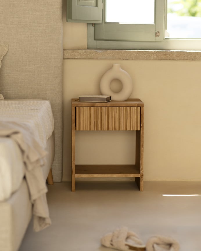 Deco Wood Mesita De Noche De Madera Maciza Con Un Cajón En Tono Roble Medio De 40x40cm