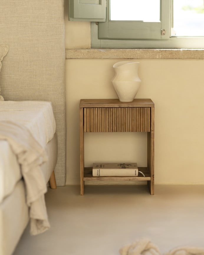 Deco Wood Mesita De Noche De Madera Maciza Con Un Cajón En Tono Roble Oscuro De 40x40cm