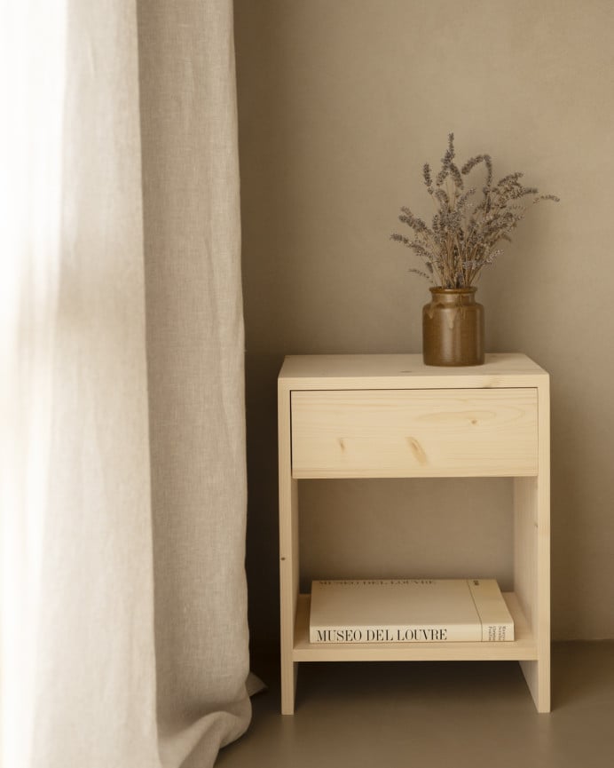 Deco Wood Mesita De Noche De Madera Maciza Con Un Cajón En Tono Natural De 40x40cm