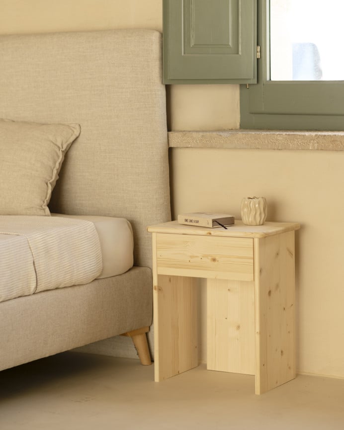 Deco Wood Mesita De Noche De Madera Maciza En Tono Natural De 50x42cm