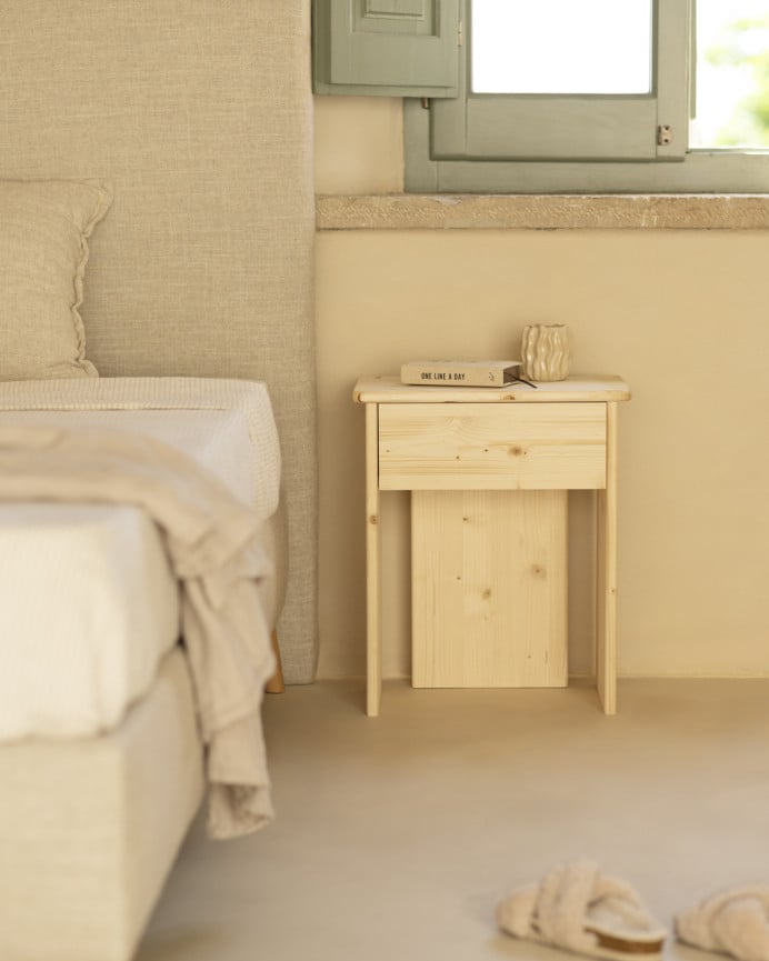 Deco Wood Mesita De Noche De Madera Maciza En Tono Natural De 50x42cm