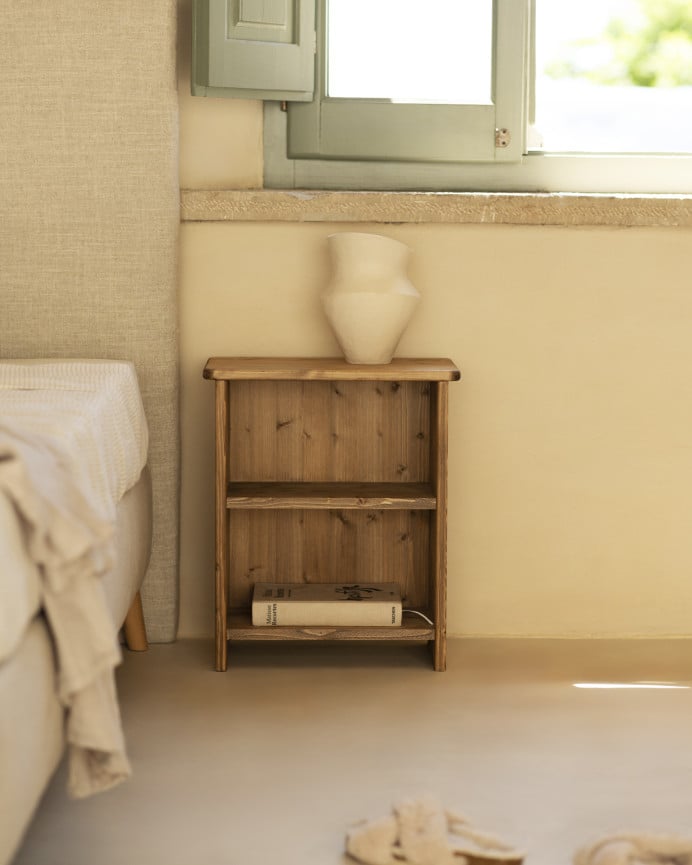 Deco Wood Mesita De Noche De Madera Maciza En Tono Roble Oscuro De 50x42cm