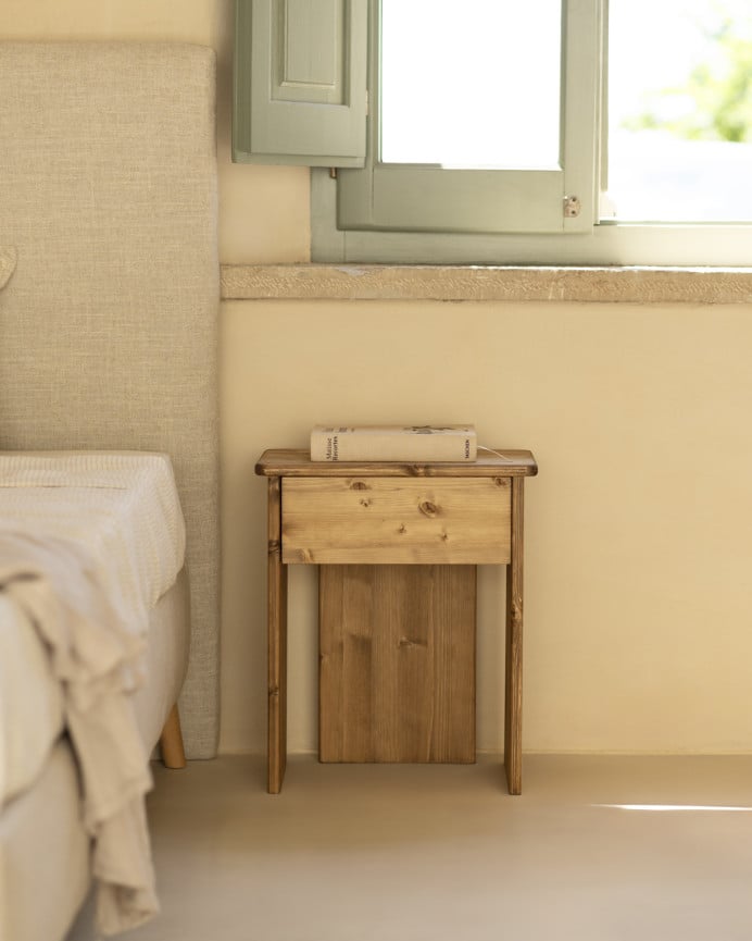 Deco Wood Mesita De Noche De Madera Maciza En Tono Roble Oscuro De 50x42cm