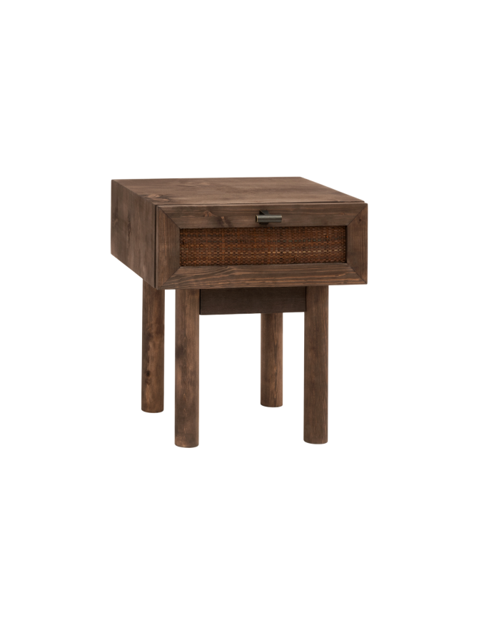 Deco wood Mesita de noche de madera maciza y cannage con un cajón en tono nogal de 40x45cm
