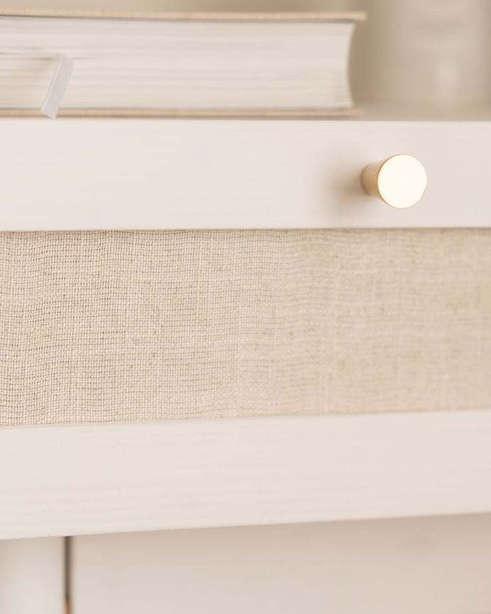 Deco Wood Mesita De Noche De Madera Maciza Y Lino Con Un Cajón En Tono Blanco De 40x45cm