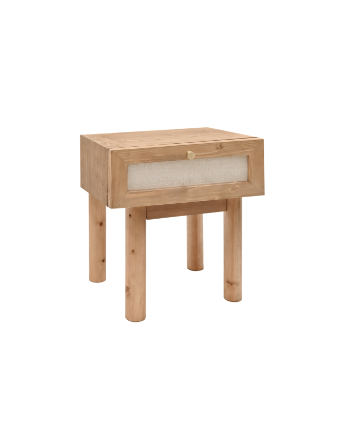 Deco wood Mesita de noche de madera maciza y lino con un cajón en tono roble oscuro de 40x45cm