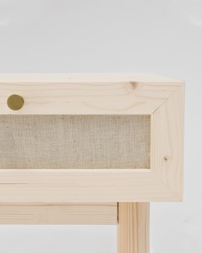 Deco Wood Mesita De Noche De Madera Maciza Y Lino Con Un Cajón En Tono Natural De 40x45cm