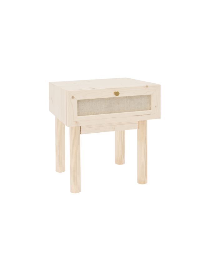 Deco wood Mesita de noche de madera maciza y lino con un cajón en tono natural de 40x45cm