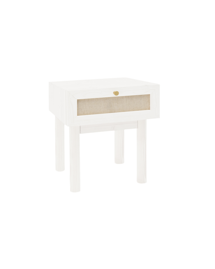 Deco wood Mesita de noche de madera maciza y lino con un cajón en tono blanco de 40x45cm