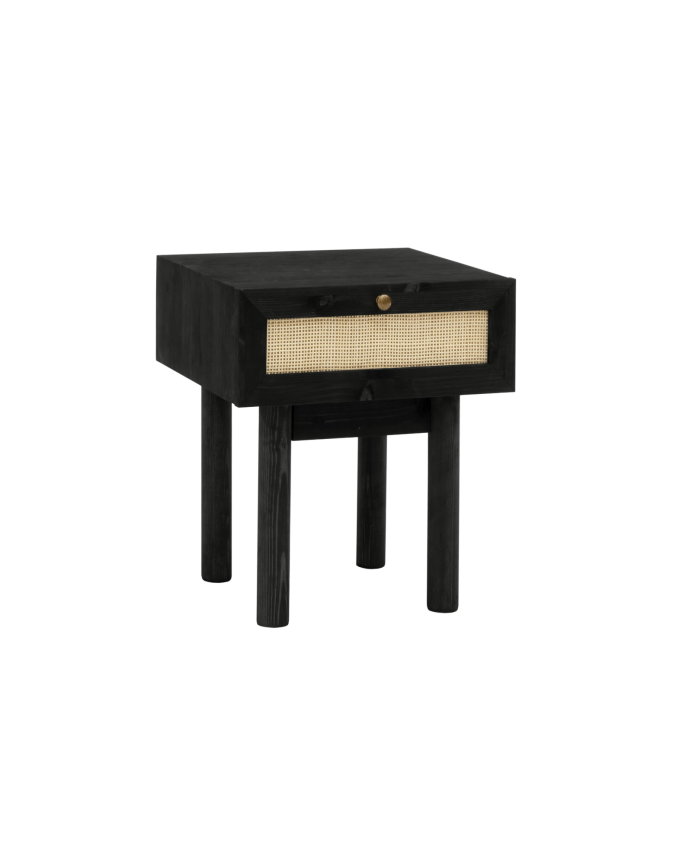 Deco wood Mesita de noche de madera maciza y rafia con un cajón en tono negro de 40x45cm
