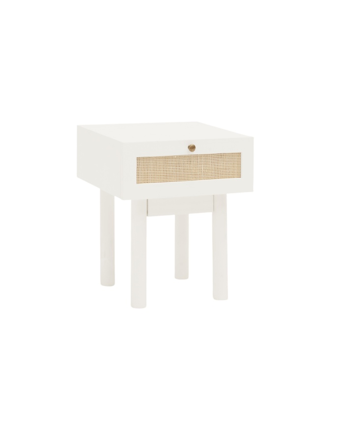 Deco wood Mesita de noche de madera maciza y rafia con un cajón en tono blanco de 40x45cm