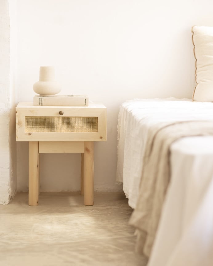 Deco Wood Mesita De Noche De Madera Maciza Y Rafia Con Un Cajón En Tono Natural De 40x45cm