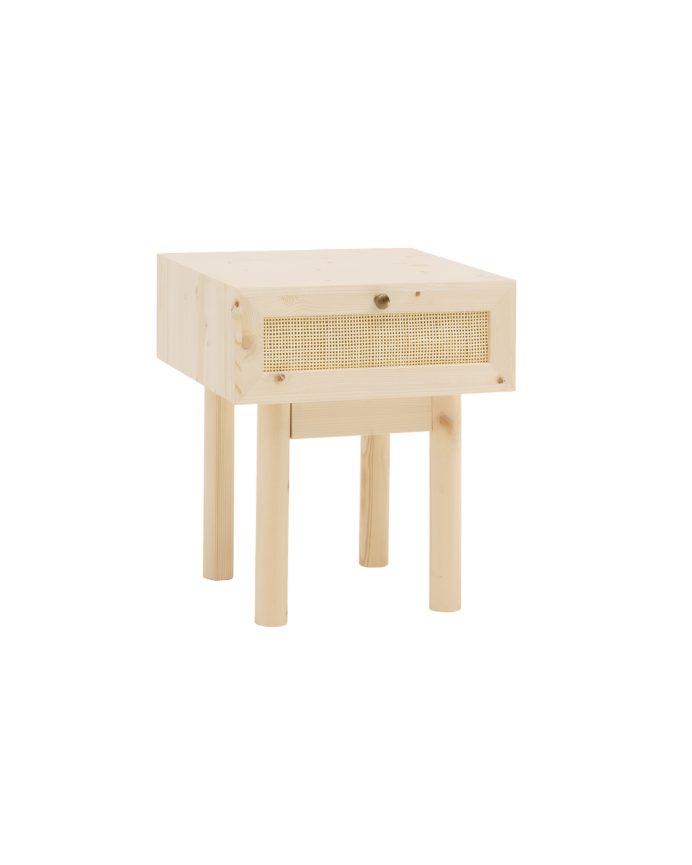 Deco wood Mesita de noche de madera maciza y rafia con un cajón en tono natural de 40x45cm