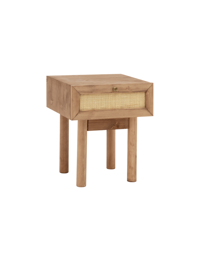 Deco wood Mesita de noche de madera maciza y rafia con un cajón en tono roble oscuro de 40x45cm