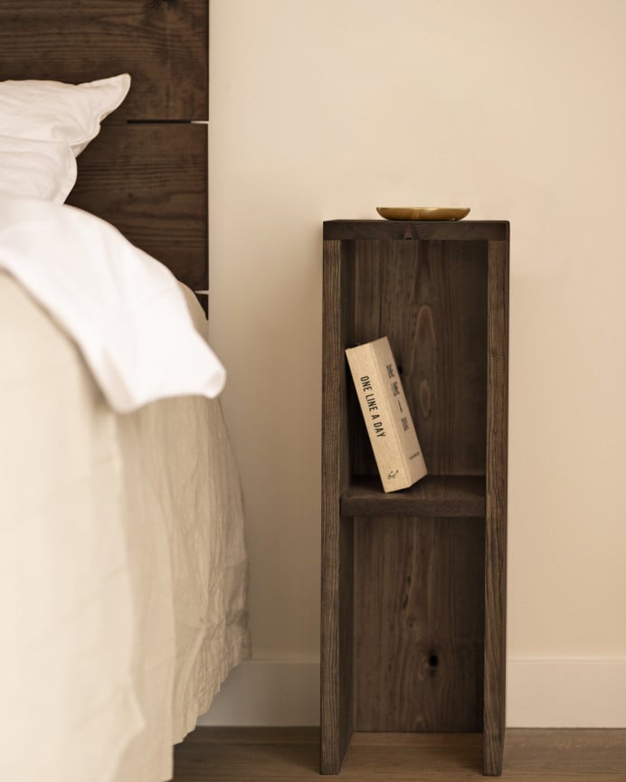 Deco Wood Mesita De Noche O Auxiliar Madera Maciza En Tono Nogal De 60x20cm