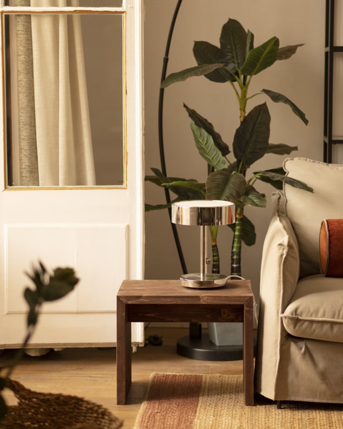 Deco Wood Mesita / Taburete De Madera Maciza En Tono Nogal De 45x50cm