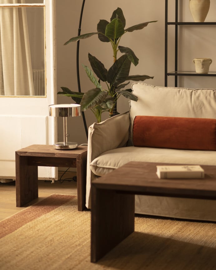 Deco Wood Mesita / Taburete De Madera Maciza En Tono Nogal De 45x50cm