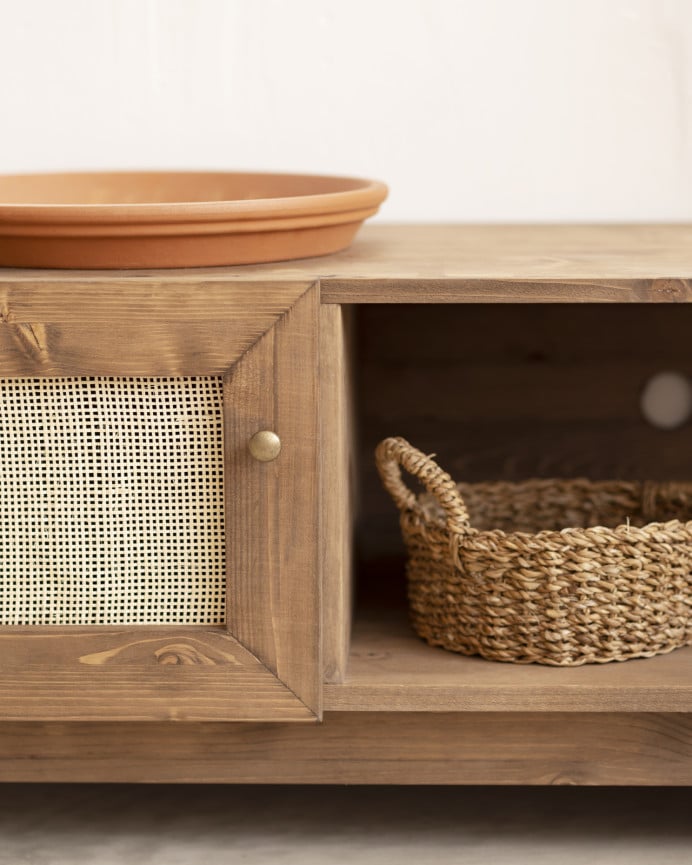 Deco Wood Mueble De TV De Madera Maciza Y Rafia De 2 Puertas En Tono Roble Oscuro De 150x40cm