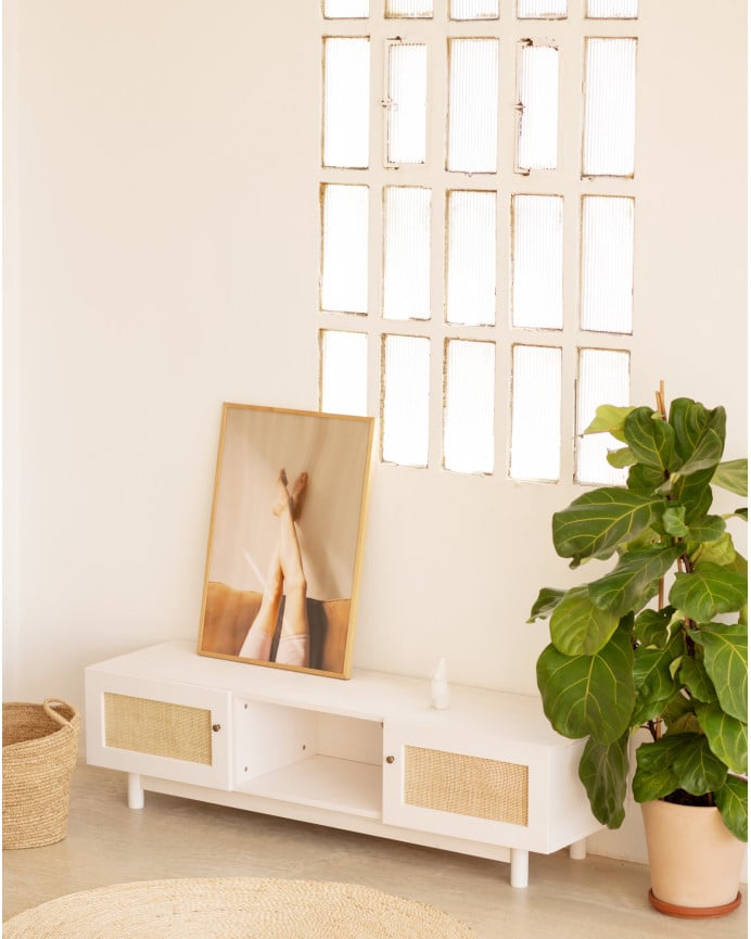 Deco Wood Mueble De TV De Madera Maciza Y Rafia De 2 Puertas En Tono Blanco De 150x40cm