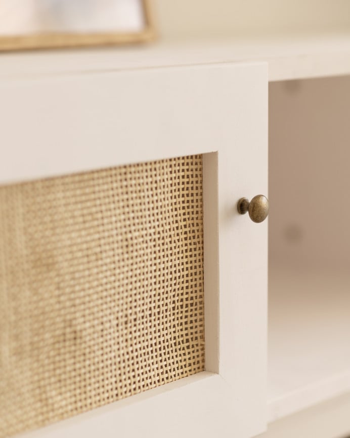 Deco Wood Mueble De TV De Madera Maciza Y Rafia De 2 Puertas En Tono Blanco De 150x40cm