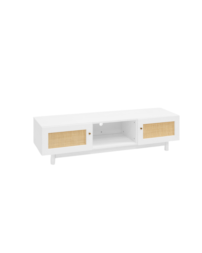 Deco wood Mueble de TV de madera maciza y rafia de 2 puertas en tono blanco de 150x40cm