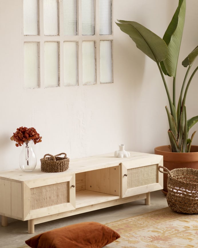 Deco Wood Mueble De TV De Madera Maciza Y Rafia De 2 Puertas En Tono Natural De 150x40cm