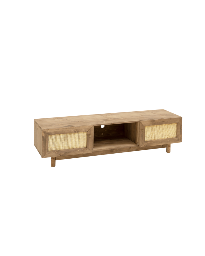 Deco wood Mueble de TV de madera maciza y rafia de 2 puertas en tono roble oscuro de 150x40cm
