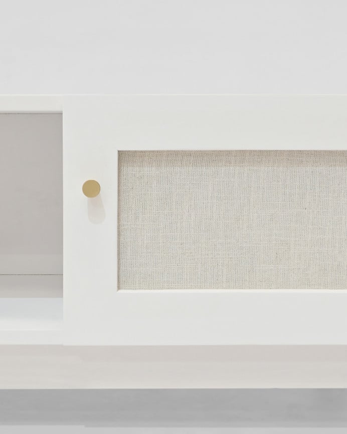 Deco Wood Mueble De TV De Madera Maciza Y Tejido De Lino De 2 Puertas En Tono Blanco De 150x40cm