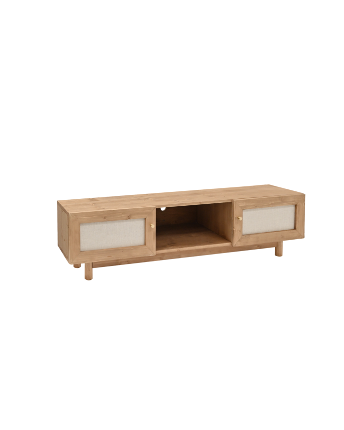 Deco wood Mueble de TV de madera maciza y tejido de lino de 2 puertas en tono roble oscuro de 150x40cm