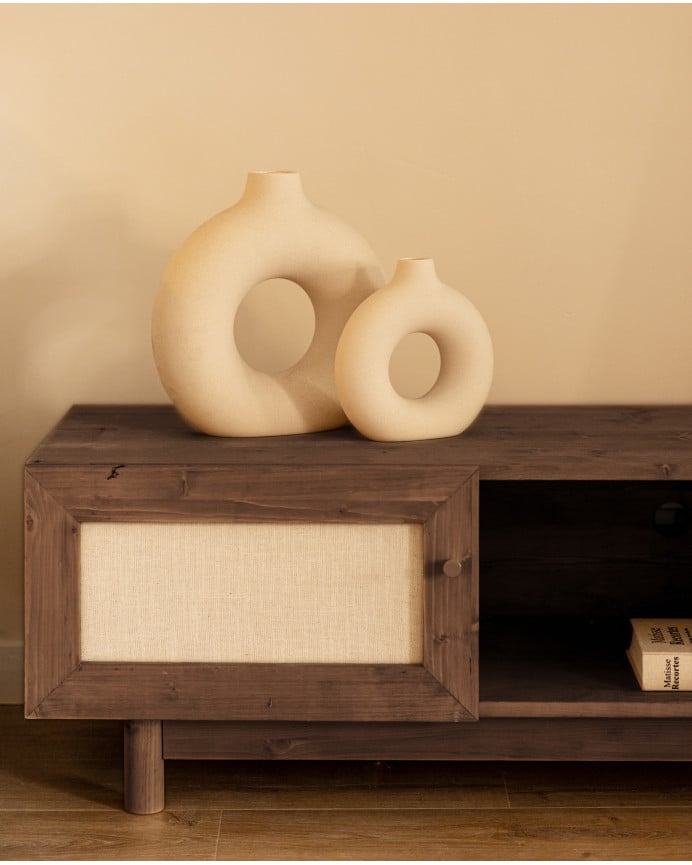 Deco Wood Mueble De TV De Madera Maciza Y Tejido De Lino De 2 Puertas En Tono Nogal De 150x40cm