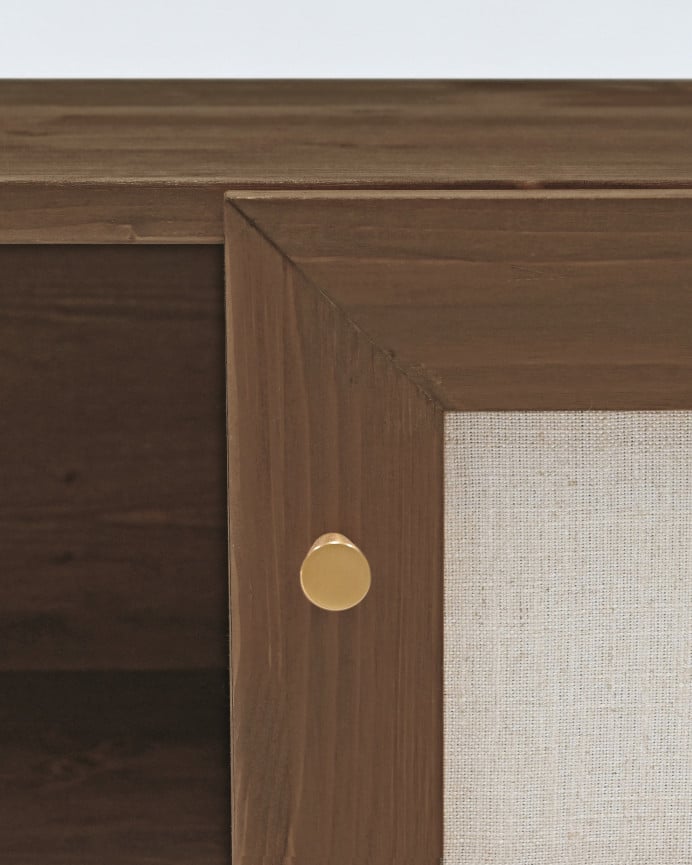 Deco Wood Mueble De TV De Madera Maciza Y Tejido De Lino De 2 Puertas En Tono Nogal De 150x40cm