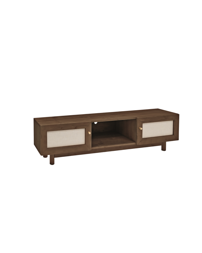 Deco wood Mueble de TV de madera maciza y tejido de lino de 2 puertas en tono nogal de 150x40cm