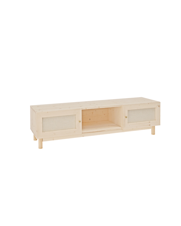 Deco wood Mueble de TV de madera maciza y tejido de lino de 2 puertas en tono natural de 150x40cm