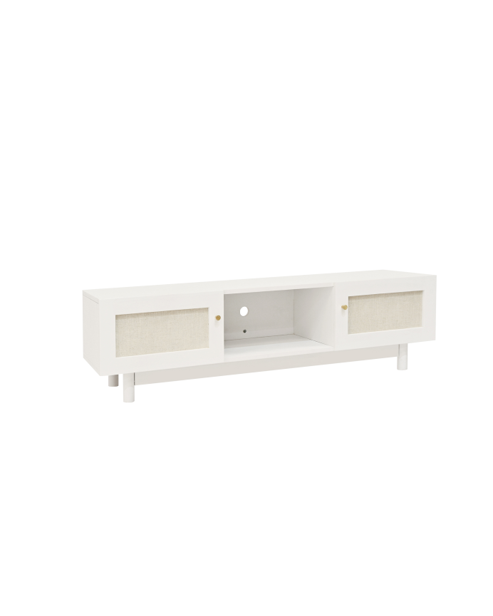 Deco wood Mueble de TV de madera maciza y tejido de lino de 2 puertas en tono blanco de 150x40cm