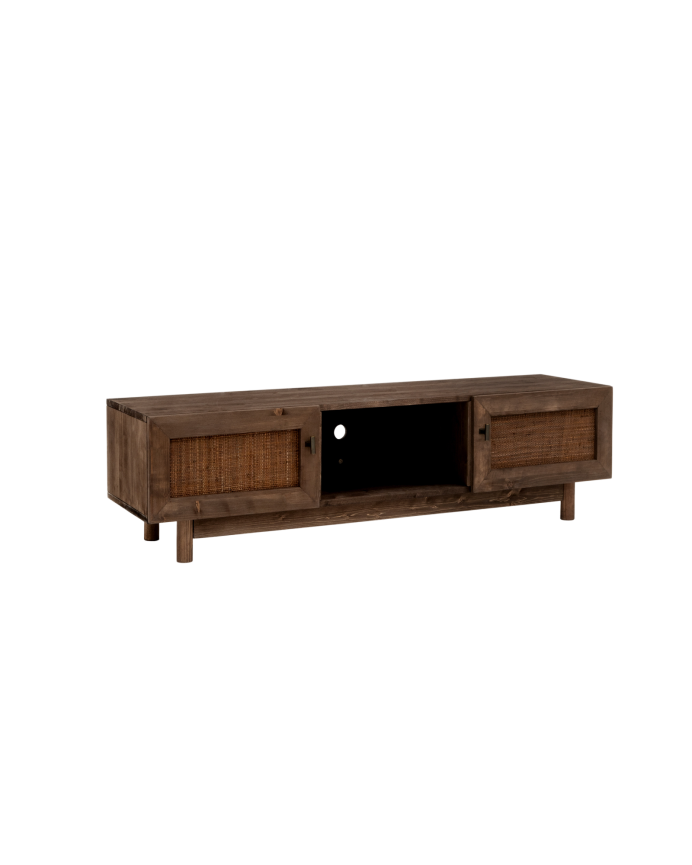 Deco wood Mueble de TV de madera maciza y tejido de rafia de 2 puertas en tono nogal de 150x40cm