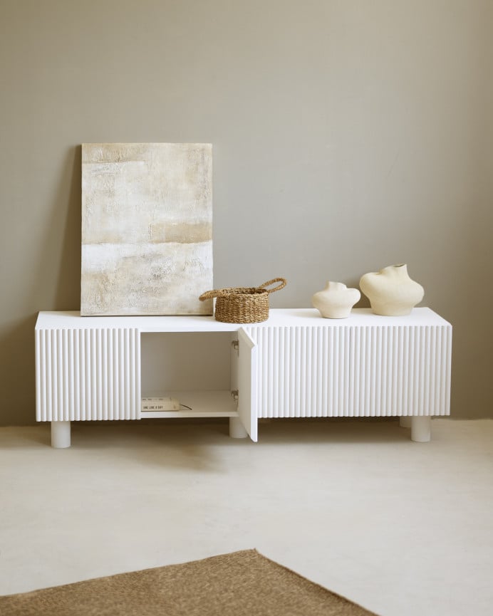 Deco Wood Mueble TV De Madera De Abeto Y Pino En Tono Blanco 152x42cm