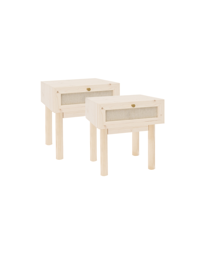 Deco wood Pack 2 mesitas con cajón de madera maciza y lino tono natural de 45x40cm