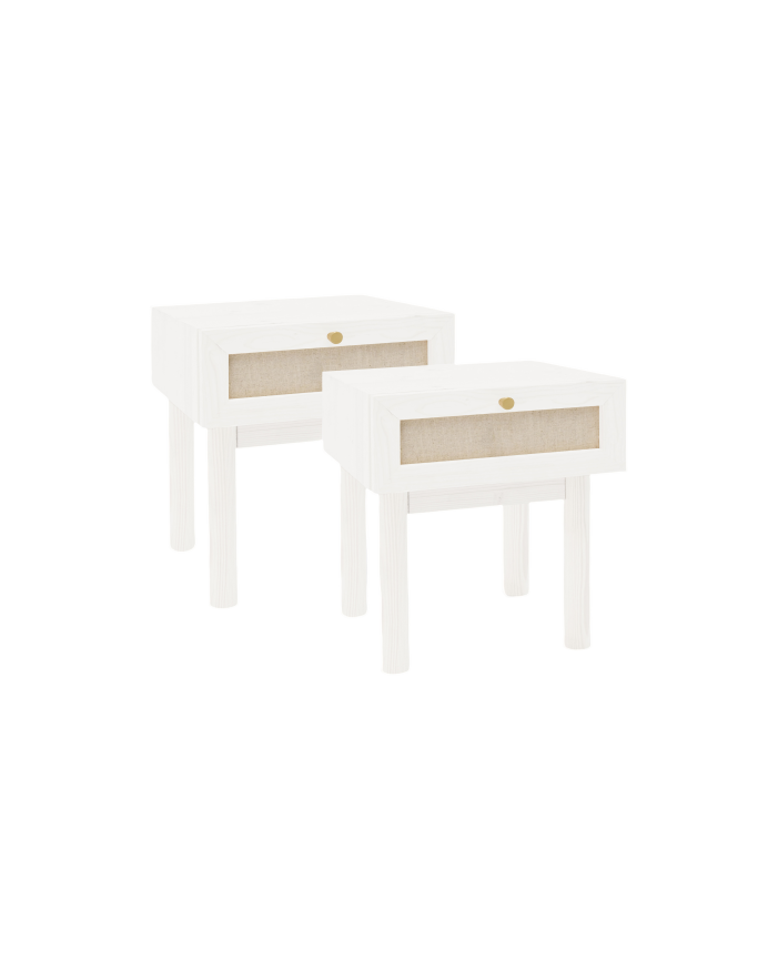Deco wood Pack 2 mesitas con cajón de madera maciza y lino tono blanco de 45x40cm