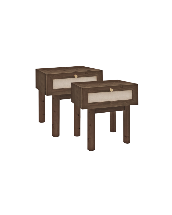 Deco wood Pack 2 mesitas con cajón de madera maciza y lino tono nogal de 45x40cm