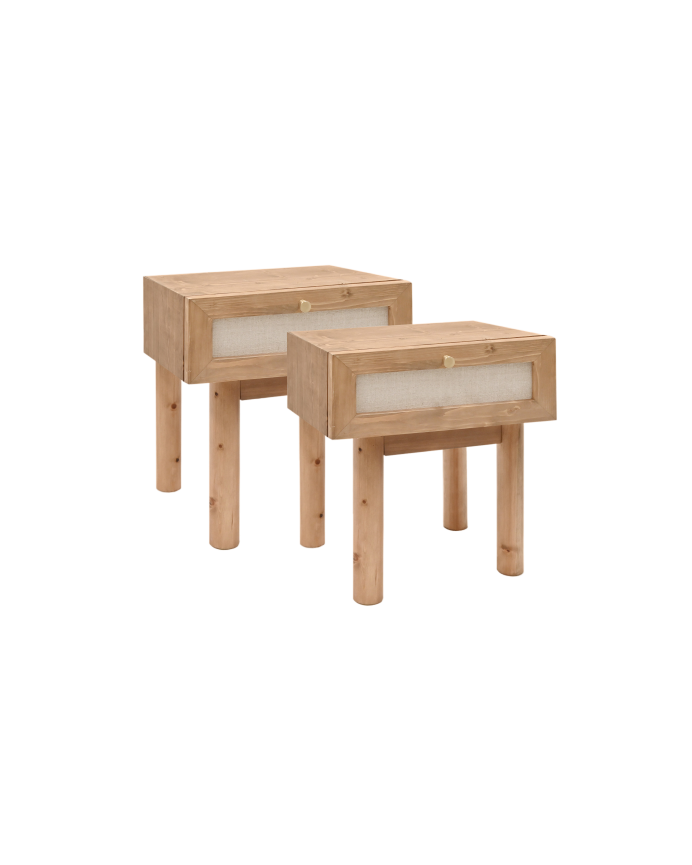 Deco wood Pack 2 mesitas con cajón de madera maciza y lino tono roble oscuro de 45x40cm