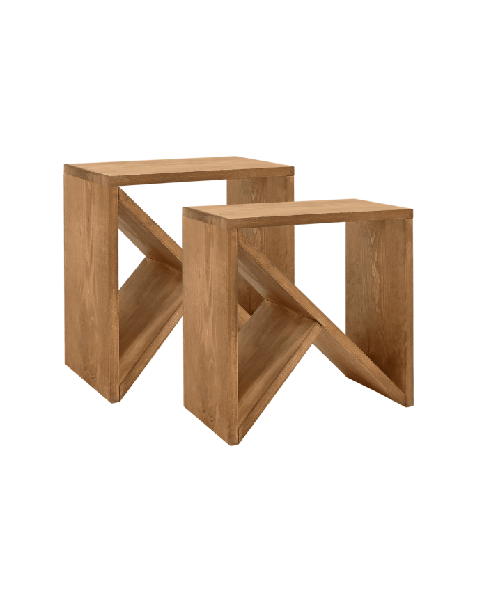 Deco wood Pack 2 mesitas de madera maciza en tono roble oscuro de 40x40cm